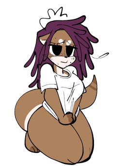 anthro black_eyes bodily_fluids bottomless brown_body brown_fur clothed clothing dreadlocks female fur hair kneeling maroon_hair multicolored_body multicolored_fur shirt simple_background solo sweat t-shirt tan_body tan_fur thick_thighs topwear two_tone_body two_tone_fur white_background white_clothing white_shirt white_t-shirt white_topwear wide_hips jammedvhs re_(jamvcr) mammal mustelid otter 3:4 digital_media_(artwork) hi_res