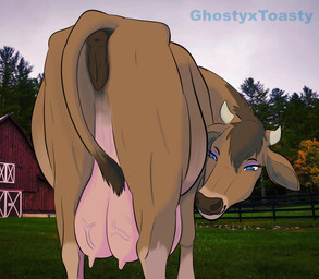 anatomically_correct anatomically_correct_genitalia anatomically_correct_vulva animal_genitalia animal_vulva anus barn bedroom_eyes big_udders blue_eyes bovine_genitalia bovine_teats bovine_udders bovine_vulva brown_body brown_fur brown_hair butt detailed_background eyelashes eyeliner farm female fence feral fur genitals hair horn looking_at_viewer looking_back makeup narrowed_eyes nipples presenting presenting_hindquarters presenting_vulva seductive smile smiling_at_viewer solo teats udders vain vein veiny_teats veiny_udders vulva ghostyxtoasty bovid bovine cattle mammal absurd_res hi_res
