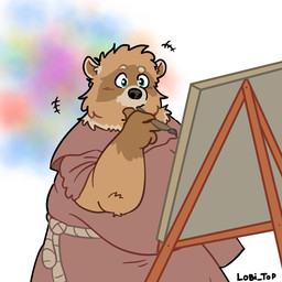 anthro belly big_belly lvcas male medieval medieval_clothing medieval_fantasy overweight overweight_male painting priest priest_robes solo thinking thought_bubble lobi_top canid canine mammal procyonid raccoon raccoon_dog tanuki 1:1 hi_res