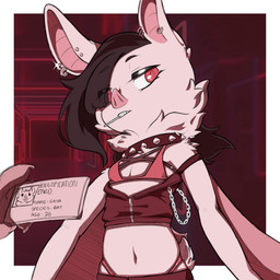 alternative_fashion anthro bat_wings biped black_hair bra clothed clothing collar disembodied_hand ear_piercing ear_ring eyebrows female front_view fur hair hair_over_eye holding_object id_card looking_at_viewer membrane_(anatomy) membranous_wings midriff mostly_offscreen_character navel neck_tuft piercing pink_nose punk red_bra red_clothing red_eyes red_thong red_underwear ring_piercing scut_tail short_tail solo spiked_collar spikes standing tail teeth text thong thong_straps tuft underwear white_body white_fur winged_arms wings ryess bat mammal 1:1 2026 english_text hi_res