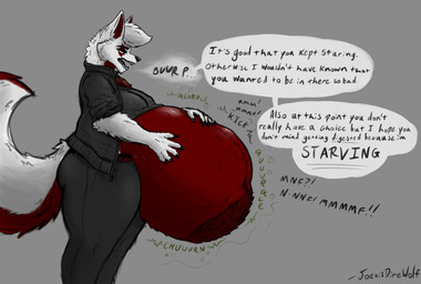 abdominal_bulge anthro belly big_belly black_bottomwear black_clothing black_pants bottomwear burping butt clothed clothing clothing_lift digestion digestion_noises duo fatal fatal_digestion fatal_vore jacket male male_pred moobs muffled muffled_screaming muffled_speech overweight overweight_male pants questionable_consent rumbling_stomach shirt shirt_lift side_view solo t-shirt t-shirt_lift talking_to_prey text tight_bottomwear tight_clothing tight_pants topwear unwilling_prey vore willing_to_unwilling_prey joevisdirewolf joevis_andara(joevisdirewolf) canid canine canis dire_wolf mammal prehistoric_species wolf absurd_res english_text hi_res