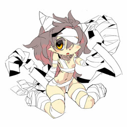 anthro bandage breasts female fur hair kemono long_hair looking_at_viewer nipples solo strapped yellow_body yellow_eyes yellow_fur cotora canid canine canis domestic_dog mammal 1:1