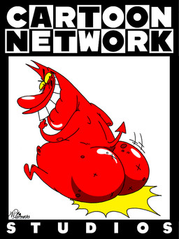 belly big_belly big_butt bite biting_lip biting_own_lip bubble_butt butt horn huge_belly huge_butt logo looking_at_viewer looking_back looking_back_at_viewer male navel not_furry nude rear_view red_body self_bite smile solo spade_tail tail teeth text xanderdwulfe cartoon_network cow_and_chicken the_red_guy demon demon_humanoid humanoid english_text