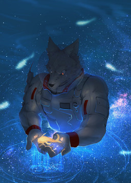 anthro male night sea space spacesuit star water wolfanine aquatic canid canine canis fish mammal wolf absurd_res hi_res