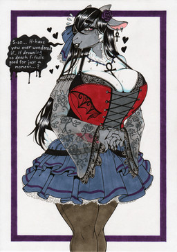 2_horns alternative_fashion ankh anthro big_breasts biped black_hair black_lips blue_clothing bodily_fluids bottomwear breasts cleavage clothed clothing corset dialogue digit_ring ear_piercing eyebrow_through_hair eyebrows eyelashes female finger_ring fur goth grey_body hair hair_over_eye heart_symbol horn huge_breasts jewelry leggings legwear lingerie lips long_hair necklace piercing pink_eyes pleated_skirt red_clothing skirt solo speech_bubble sweat sweaty_breasts text topwear translucent translucent_hair white_body white_fur white_wool wool_(fur) longinius abigail_(longinius) bovid caprine mammal sheep english_text hi_res