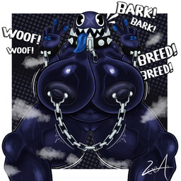 areola belly big_breasts black_body black_eyes blue_pawpads blue_tongue bodily_fluids bound bracelet breasts chain chain_leash chained collar female genitals glistening huge_breasts hyper hyper_breasts jewelry leash looking_at_viewer metallic_body motion_lines musk nipple_chain nipple_piercing nipples nude pawpads piercing pose round_head scar sharp_teeth simple_background slightly_chubby smile solo spiked_bracelet spiked_collar spikes spread_legs spreading sweat sweaty_breasts teeth text thick_thighs tongue tongue_out vulva wide_hips x_scar vexter_arts mario_bros nintendo gigi_(thecoatl034) chain_chomp humanoid 1:1 absurd_res digital_media_(artwork) english_text hi_res pinup signature