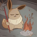 ambiguous_gender bonfire dirt eyes_closed feral fire halberd holding_object holding_weapon melee_weapon open_mouth polearm shadow simple_background solo standing sword weapon boke_(artist) dark_souls fromsoftware nintendo pokemon eevee generation_1_pokemon pokemon_(species) 1:1