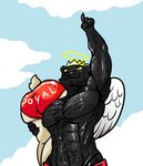 abeybubble ambiguous_gender anthro black_body clothing danny_smoke_in_furry_land duo feathered_wings feathers felid halo hi_res jaguar king_magnum male male/male mammal muscular muscular_male pantherine red_clothing wings