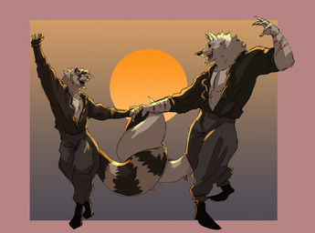 5_fingers alternative_fashion anthro arm_scar biped bottomwear cheek_tuft chin_tuft claws clothed clothing dancing duo entwined_tails eyewear facial_markings facial_tuft fingers fluffy fluffy_tail footwear fur fuzzy glasses gradient_background grey_body grey_fur hand_holding happy head_markings looking_at_another looking_at_partner male male/male markings mask_(marking) neck_tuft open_clothing open_mouth open_shirt open_smile open_topwear pants raised_arm red_eyes romantic romantic_couple scar shirt shoes simple_background smile standing sun tail tail_coil teeth topwear tuft wearing_glasses wrist_scar howdypeepos dreamworks puss_in_boots_(franchise) death_(puss_in_boots) fan_character canid canine canis mammal procyonid raccoon wolf hi_res