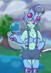 anthro armor bikini bikini_top braided_hair breasts clothed clothing cloud female fin gauntlets gloves green_body green_skin hair handwear headgear overalls pink_eyes plant red_eyes smile solo swimwear tree two-piece_swimsuit water water_ball safeguardvivi bandai_namco digimon molly_(safeguardvivi) amphibian animal_humanoid digimon_(species) frog humanoid marine marine_humanoid ranamon 2024 colored digital_drawing_(artwork) digital_media_(artwork) hi_res signature