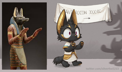 anthro banner black_body black_fur clothed clothing fully_clothed fur male pawpads real red_eyes scared sculpture shadow solo statue text yellow_body yellow_fur silverfox5213 anthrocon egyptian_mythology middle_eastern_mythology mythology anubis anubian_jackal canid canine canis deity jackal mammal 2025 ancient_art english_text hi_res inspired_by_formal_art url