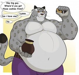 anthro belly belt big_belly bloated bottomwear bulge clothing crumbs dialogue eating food fur grey_body grey_fur huge_belly male markings musclegut muscular muscular_arms offscreen_character pants pecs solo spots spotted_body spotted_fur stuffing text whiskers yellow_sclera hidi dreamworks kung_fu_panda tai_lung_(kung_fu_panda) felid mammal pantherine snow_leopard english_text hi_res