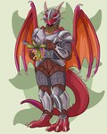 anthro armor blep breastplate claws forked_tongue front_view grey_breastplate grey_helmet male membrane_(anatomy) membranous_wings orange_wings pink_tongue plant plant_pot potted_plant red_body red_tail sharp_teeth smile solo spiked_tail spikes spikes_(anatomy) standing tail teeth toe_claws tongue tongue_out wings imperatorcaesar mythology dragon mythological_creature mythological_scalie scalie absurd_res full-length_portrait hi_res portrait