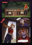 anthro bottomwear breasts buckteeth clothed clothing dialogue door door_slam duo female fingers fur grass male onomatopoeia open_mouth opening_door orange_body outside pants plant smile sound_effects speech_bubble standing stripes tail teeth text topwear hacatiko dreamworks kung_fu_panda master_tigress felid lagomorph leporid mammal pantherine rabbit tiger chinese_text comic digital_media_(artwork) english_text hi_res
