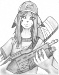 anthro baseball_cap biped clothed clothing dipstick_ears ear_markings ear_piercing female fur gun hair hand_wraps hat headgear headwear holding_gun holding_object holding_ranged_weapon holding_weapon humanoid_hands looking_at_viewer multicolored_ears nails piercing ranged_weapon shirt shotgun simple_background solo standing topwear weapon white_background wraps winrarh left_4_dead_(series) valve ellis_(left_4_dead) protagonist_(left_4_dead) canid canine fox mammal greyscale hi_res monochrome sketch