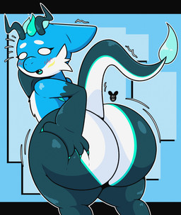 2_horns ambiguous_gender anthro big_butt biped blush blush_lines butt fur hand_on_butt horn huge_butt looking_back motion_lines open_mouth rear_view sharp_teeth solo standing tail teeth tongue white_eyes luanctoons mammal 2026 absurd_res hi_res