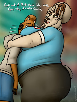 anthro belly big_breasts big_butt breasts butt dialogue duo eyewear face_in_breasts female glasses horn male male/female motion_lines overweight overweight_anthro overweight_female tail text thick_thighs oystercatcher7 goat_(movie) sony_corporation sony_pictures carol_(goat) will_harris bovid camelid caprine goat llama mammal english_text hi_res signature
