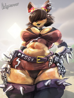 alternative_fashion anthro belt big_breasts black_bra black_clothing black_lipstick black_nose black_panties black_underwear bottomwear bra breasts brown_hair cleavage clothed clothing collar ear_piercing eyewear eyewear_on_head facial_piercing female goggles goggles_on_head goth hair hair_over_eyes huge_breasts legband legs_together legwear lipstick makeup mechanical_arm microskirt midriff miniskirt navel nose_piercing nose_ring panties piercing ring_piercing short_hair skirt smile solo spiked_collar spiked_legband spiked_thighband spikes standing text thick_thighs thigh_highs thighband topwear underwear whiskers wide_hips arhymerous gameoverse glitch_productions kit_bodega domestic_cat felid feline felis mammal 2026 artist_name hi_res
