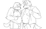 anthro belly bodily_fluids bulge clothed clothing duo kemono male male/male moobs nipples open_clothing open_shirt open_topwear overweight overweight_male shirt simple_background sweat topwear underwear white_background oogamikennta canid canine canis domestic_dog mammal 2020 monochrome