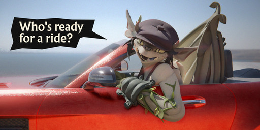 anthro black_hair car clothing facial_piercing female hair hat headgear headwear horn looking_at_viewer nose_piercing outside piercing smile solo tail teeth text vehicle wings yellow_eyes aureuswolf deadlock_(game) valve valve_corporation ivy_(deadlock) gargoyle humanoid 2:1 3d_(artwork) blender_(artwork) blender_cycles_(artwork) digital_media_(artwork) hi_res