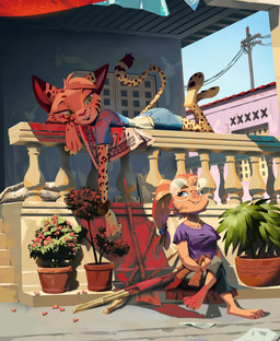 3_toes anthro balustrade barefoot blue_eyes bottomwear bracelet brown_body brown_fur building cheek_tuft clothing crossed_legs denim denim_bottomwear denim_clothing denim_shorts detailed_background duo eyewear face_squish facial_markings facial_tuft feet female floppy_ears freckled_face freckles fur glasses green_eyes handkerchief head_markings head_tuft house jacket_around_waist jewelry kerchief legs_up long_ears long_tail looking_at_another looking_down looking_up lying markings necklace on_front on_ground open_mouth pawpads plant plant_pot pointy_ears potted_plant pupils shirt shorts sitting slit_pupils spots spotted_body spotted_fur squish striped_markings stripes tail tied_ears toes topwear tuft utility_pole wearing_glasses window yellow_body yellow_fur ruffu pepper_in_the_sandbox paddy_(ruffu) pepper_(ruffu) felid feline lagomorph leporid mammal rabbit serval digital_media_(artwork) digital_painting_(artwork) hi_res painting_(artwork)