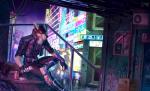 anthro blue_eyes city city_lights cityscape cyberpunk detailed_background graffiti japan male neon_lights text urban shamerli rakan canid canine canis mammal wolf 2019 digital_media_(artwork) hi_res japanese_text translation_request