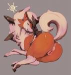 anus bedroom_eyes butt female feral fur genitals grin looking_at_viewer narrowed_eyes presenting presenting_hindquarters pussy seductive sharp_teeth simple_background smile solo teeth tingtongten nintendo pokemon canid canine dusk_lycanroc generation_7_pokemon lycanroc mammal pokemon_(species)