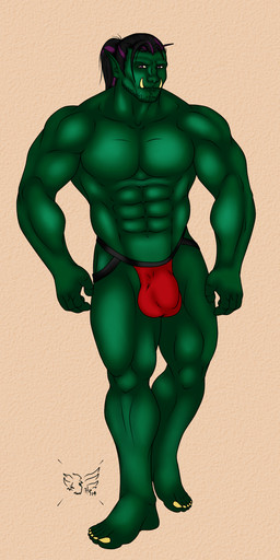 abs athletic balls_outline barefoot biceps big_muscles black_hair bulge clothed clothing detailed_bulge fangs feet genital_outline green_body green_skin hair humanoid_pointy_ears jockstrap looking_at_viewer male manly muscular muscular_male not_furry pecs penis_outline pointy_ears pose purple_eyes purple_hair solo standing teeth topless tusks underwear hunterramirez humanoid orc 1:2 hi_res
