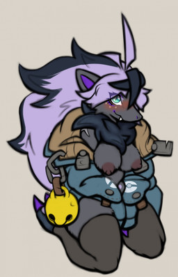 anthro areola bell biped blush breasts brown_areola brown_nipples chain clothed clothing exposed_breasts fangs female hair jacket kneeling legwear long_hair looking_at_viewer makeup mane mascara nipples open_clothing open_jacket open_topwear pupils purple_hair seiza simple_background sitting slit_pupils smile solo stockings teeth topwear ditzy_pup nintendo pokemon generation_5_pokemon mammal pokemon_(species) zoroark hi_res