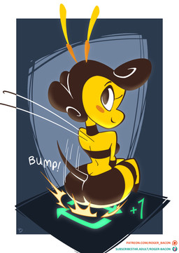 antennae_(anatomy) back_wings big_butt biped black_body black_eyebrows black_eyes black_hair blush blush_stickers butt closed_smile duo emanata eyebrows eyelashes female female_humanoid flash_emanata hair insect_wings logo looking_back mouth_closed multicolored_body orange_antennae rear_view retweet short_hair sitting smile text thick_thighs two_tone_body white_text wings yellow_body roger_bacon bebe_(roger_bacon) animal_humanoid arthropod arthropod_humanoid bee_humanoid humanoid hymenopteran hymenopteran_humanoid insect insect_humanoid 2026 absurd_res artist_logo english_text handwritten_text hi_res url