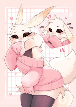 ambiguous_gender anthro black_clothing black_eyebrows black_legwear black_stockings blush blush_lines clothing eyebrows eyelashes fur head_tuft heart_symbol legwear long_eyelashes pink_clothing pink_sweater pink_topwear solo stockings sweater tail topwear tuft white_body white_fur fernixsss valeria_(bunonthemoon) arthropod insect lepidopteran moth absurd_res colored digital_drawing_(artwork) digital_media_(artwork) hi_res shaded