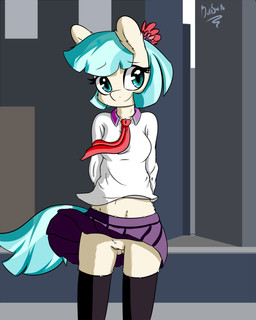 accessory anthro anthrofied blue_eyes bottomless bottomwear clothed clothing collar female flower flower_in_hair fur genitals hair hair_accessory necktie no_underwear outside plant purple_collar skirt solo teal_hair upskirt vulva wardrobe_malfunction white_body white_fur wind boltswift friendship_is_magic hasbro my_little_pony coco_pommel_(mlp) earth_pony equid equine horse mammal pony 2014 4:5 hi_res