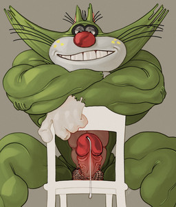 anthro balls big_penis bodily_fluids body_hair chair dripping erection facial_markings fur furniture genital_fluids genitals glans green_body green_fur grey_eyelids hairy_balls head_markings light_belly looking_at_viewer male manly markings muscular muscular_arms muscular_legs muscular_male muzzle_(marking) penis pink_penis precum precum_drip red_glans red_nose simple_background sitting sitting_backwards small_waist smile solo stubble thick_penis vein veiny_penis whiskers ravuer oggy_and_the_cockroaches jack_(oggy_and_the_cockroaches) domestic_cat felid feline felis mammal absurd_res hi_res
