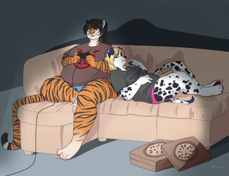 anthro clothed clothing controller duo female food fur game_controller gaming hair inside obese obese_anthro obese_female overweight overweight_anthro overweight_female pizza sitting smile tail redpixie alice_(alicecp9) kaylee canid canine canis domestic_dog felid mammal pantherine tiger 2017