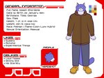 anthro blue_body blue_fur fur male solo text hot_knives timberland jojo_(hot_knives) domestic_cat felid feline felis hybrid lynx maine_coon mammal 4:3 english_text hi_res model_sheet