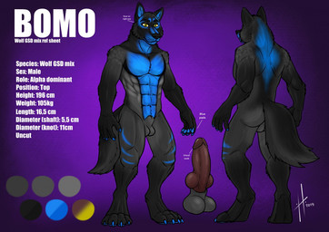 abs animal_genitalia anthro balls black_body black_fur black_nose blue_body blue_fur butt erection front_view fur genitals gradient_fur green_eyes grey_balls grey_body grey_fur grey_sheath humanoid_genitalia humanoid_penis hybrid_genitalia hybrid_penis knot knotted_humanoid_penis knotted_penis male male_anthro mouth_closed muscular muscular_anthro muscular_male nude pecs penis purple_background rear_view red_penis sheath simple_background solo standing text hufnaar bomo_(character) canid canine canis mammal wolf 2019 dated english_text model_sheet