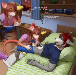 anthro balls bed bedroom blush bodily_fluids bottomwear bottomwear_down cellphone clothed clothing cum cum_from_mouth cum_in_mouth cum_inside cum_string dialogue duo ejaculation electronics erection eyewear feet fellatio femboy foreskin foreskin_play fur furniture genital_fluids genitals glasses hair hand_on_penis hands-free humanoid_genitalia humanoid_penis legwear licking looking_at_viewer lying male male/male male_penetrated male_penetrating male_penetrating_male narrowed_eyes on_bed oral oral_penetration partially_clothed partially_retracted_foreskin penetration penile penis penis_lick phone pillow pubes raised_clothing raised_shirt raised_topwear saliva saliva_string sex shirt shorts shorts_down sitting smartphone smile stockings tail text toes tongue tongue_in_foreskin topwear worried worried_face worried_look totesfleisch8 charlie_(mousetrapped) lobu_herevard canid canine canis domestic_dog husky mammal mouse murid murine nordic_sled_dog rodent spitz digital_media_(artwork) english_text hi_res