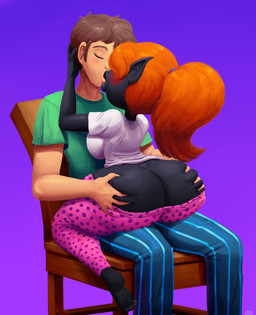 barefoot big_breasts big_butt black_body blue_bottomwear blue_clothing blue_pants blush bottomwear bottomwear_down breasts brown_hair butt butt_cleavage butt_grab chair clothed clothing duo eyes_closed feet female furniture green_clothing green_topwear hair hand_on_butt huge_butt humanoid_pointy_ears kissing larger_male lips male on_lap orange_hair pants pants_down partially_clothed pattern_bottomwear pattern_clothing pattern_pants pink_bottomwear pink_clothing pink_pants pointy_ears ponytail purple_background short_hair shortstack simple_background sitting sitting_on_lap size_difference smaller_female striped_bottomwear striped_clothing striped_pants stripes tan_body tan_skin thick_lips thick_thighs topwear white_clothing white_topwear wide_hips outta_sync asian_mythology east_asian_mythology japanese_mythology level-5 mythology yo-kai_watch chatalie human humanoid mammal yokai hi_res
