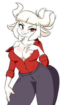 alternate_species anthro areola bottomwear clothed clothing collared_shirt dress_shirt female fur grin hair horn markings mole_(marking) nipple_slip nipples off_shoulder pants red_eyes shirt smile solo topwear unbuttoned_shirt white_body white_fur white_hair hidden-cat helltaker goat_lucifer_(helltaker) bovid caprine goat mammal 2020 hi_res