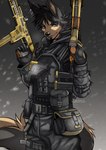 anthro clothing gun handgun kriss_vector male military military_jacket military_uniform pistol ranged_weapon rifle scar soldier solo submachine_gun tired tired_eyes uniform warrior weapon midnight_blue canid canine canis mammal wolf absurd_res hi_res