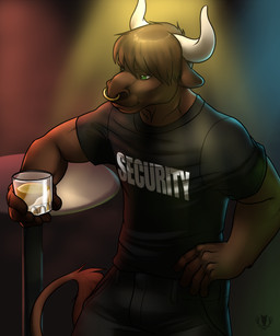 alcohol anthro bar beverage bottomwear bouncer brown_body brown_fur clothed clothing facial_piercing fully_clothed fur furniture glass green_eyes holding_glass holding_object horn lights male nose_piercing nose_ring pants piercing ring_piercing security septum_piercing shirt solo table tail text text_on_clothing text_on_shirt text_on_topwear topwear vallhound the_spiner strider_auroch bovid bovine cattle mammal digital_media_(artwork) english_text hi_res