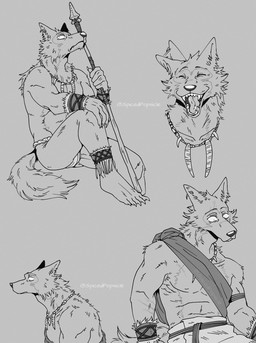5_fingers 5_toes anthro armor barefoot bottomwear bracers claws clothed clothing ear_flick fangs feet finger_claws fingers fur humanoid_feet humanoid_hands jewelry loincloth male melee_weapon multiple_poses necklace open_mouth open_smile plantigrade polearm pose prehistoric sitting smile solo spear teeth toe_claws toes tongue topless topless_anthro topless_male tribal weapon spicedpopsicle beastars legoshi_(beastars) canid canine canis mammal wolf 2022 greyscale hi_res monochrome signature