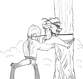 anthro anus bdsm bent_over bodily_fluids bondage bound butt collar cum cum_from_vagina cum_in_vagina cum_inside cum_on_butt female flat_chested fur genital_fluids genitals hands_tied leaking_cum legs_tied looking_at_viewer looking_back nude outdoor_nudity outside plant public_use rope simple_background smile solo tail tail_bondage tail_tied teeth tree vulva whip_mark zafara_(artist) mythology madeline_gevaudan canid canine hybrid mammal mythological_canine mythological_creature werecanid werecanine werecreature werewolf digital_media_(artwork) hi_res monochrome
