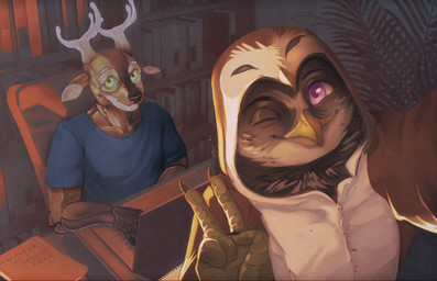 anthro book clothed clothing computer detailed_background duo electronics gesture hand_gesture horn inside laptop looking_at_viewer machine male male/male metallic_body one_eye_closed onesie plant romantic romantic_couple selfie shelf shirt smile topwear v_sign wink wanderertamplior android avian bird cervine deer mammal owl robot 2022 digital_media_(artwork) hi_res