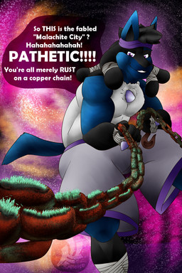 accessory anthro bandage chain countershading dialogue extreme_size_difference headband hook larger_male looming macro male micro nano nebula rust size_difference smile smirk solo space starscape terra_macro fujiyama_samoyed nintendo pokemon royallucario generation_4_pokemon lucario pokemon_(species) hi_res shaded soft_shading watermark