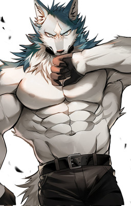5_fingers abs anthro belt black_belt black_bottomwear black_clothing black_collar black_gloves black_handwear black_nose black_pants blue_body blue_eyes blue_fur bottomwear claws clothed clothing collar fingers fur gloves hand_lick handwear inner_ear_fluff looking_at_viewer male muscular muscular_anthro muscular_male navel nipples pants pecs raised_arm simple_background solo tongue tongue_out topless topless_anthro topless_male tuft white_background white_body white_fur chung0_0 brand_new_animal netflix studio_trigger shirou_ogami canid canine canis mammal wolf 2022 hi_res