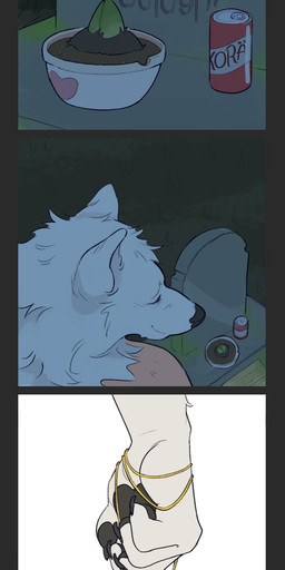 anthro beverage biped black_nose border claws clothed clothing cross cross_necklace detailed_background eyes_closed fur grass grey_border holding_object humanoid_hands jewelry male necklace night outside pawpads paws plant plant_pot potted_plant solo text tombstone white_body white_fur voidhound canid canine canis domestic_dog mammal nordic_sled_dog samoyed spitz 2021 absurd_res comic digital_media_(artwork) english_text hi_res multiple_scenes