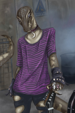 ambiguous_gender anthro blue_eyes collar electric_guitar guitar looking_at_viewer makeup moon musical_instrument plucked_string_instrument pose solo string_instrument vandclash noosha lizard monitor_lizard reptile scalie water_monitor_lizard digital_media_(artwork) hi_res