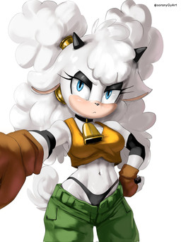 abs anthro big_breasts blue_eyes bottomwear bottomwear_down breasts clothed clothing collar cowbell cowbell_collar eyelashes female fur gloves hair handwear horn looking_at_viewer navel panties pants pants_down partially_clothed selfie simple_background solo standing topwear underwear white_body soranygyart idw_publishing sega sonic_the_hedgehog_(comics) sonic_the_hedgehog_(idw) sonic_the_hedgehog_(series) lanolin_the_sheep_(sonic) bovid bovine caprine cattle mammal sheep 3:4 digital_media_(artwork) hi_res