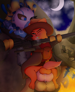 anal anal_penetration anthro balls bodily_fluids butt clothed clothing cum cum_inside desert duo erection fur genital_fluids genitals gun holding_gun holding_object holding_ranged_weapon holding_weapon male male/male male_penetrated male_penetrating male_penetrating_male night nude open_mouth penetration penile penis ranged_weapon scar sex weapon buzzindorf rain_world videocult mammal scavenger_(rain_world) slugcat absurd_res digital_media_(artwork) hi_res
